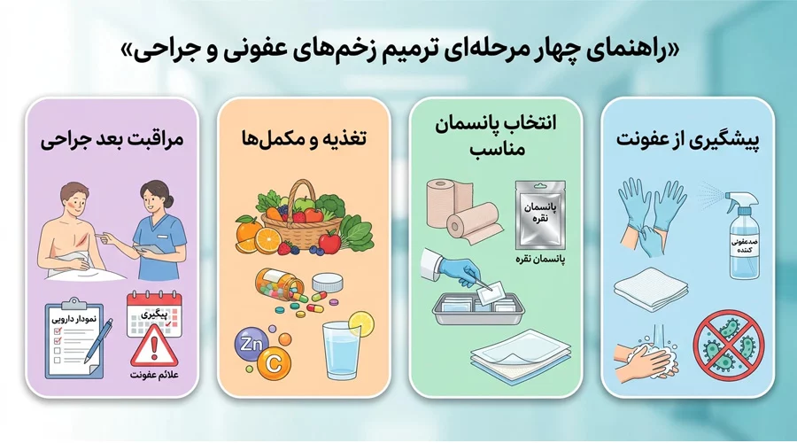 راهنمای چهار مرحله‌ای ترمیم زخم‌های عفونی و جراحی
